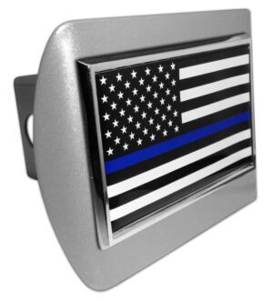 Police Thin Blue Line Black and White American Flag Brushed Chrome Hitch Cover