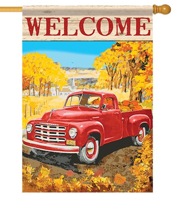 Autumn Red Pickup Truck House Flag