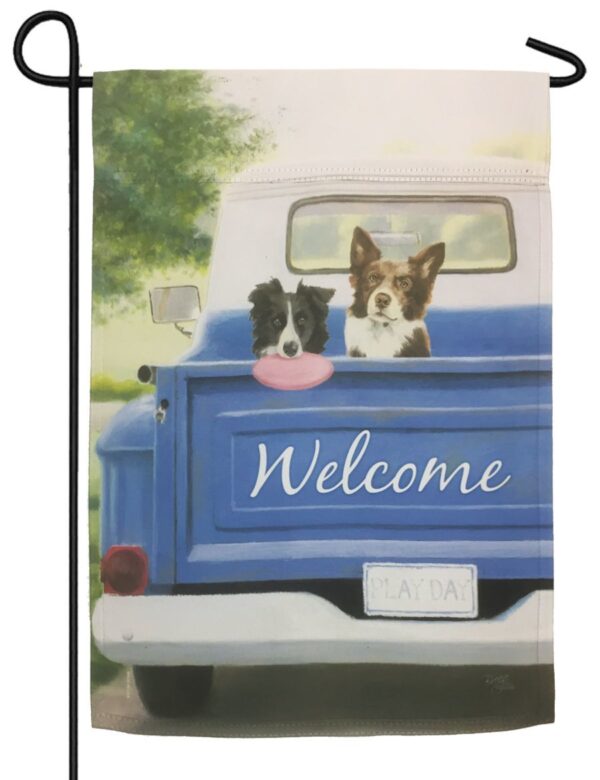 Blue Pickup and Pups Sublimated Garden Flag