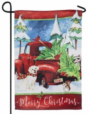 Bringing Home the Tree Red Truck Suede Reflections Garden Flag