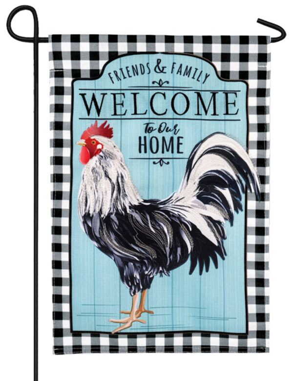 Burlap Black And White Rooster Garden Flag