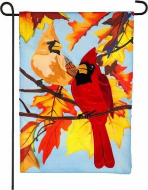 Burlap Cardinal Couple and Fall Leaves Garden Flag
