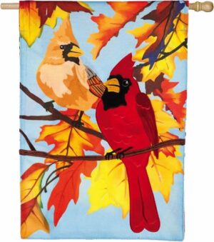 Burlap Cardinal Couple and Fall Leaves House Flag