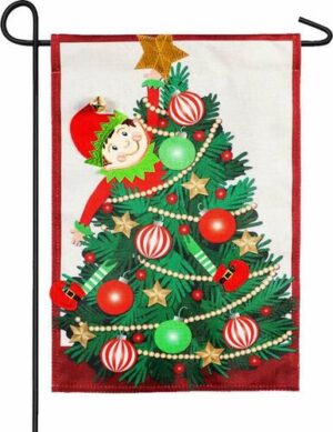 Burlap Elf In A Christmas Tree Garden Flag