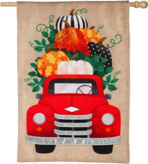 Burlap Fall Pumpkins and Red Truck House Flag