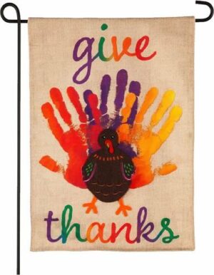 Burlap Handprint Turkey "Give Thanks" Garden Flag