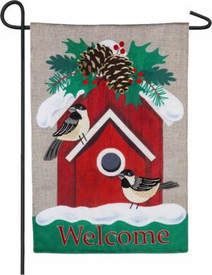 Burlap Holiday Chickadee Birdhouse Garden Flag