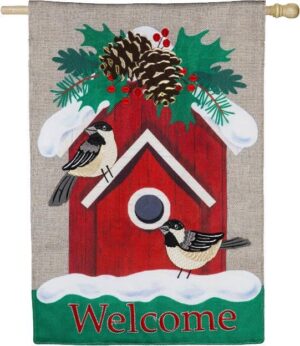 Burlap Holiday Chickadee Birdhouse House Flag