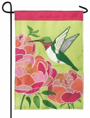 Burlap Hummingbird and Peonies Decorative Garden Flag