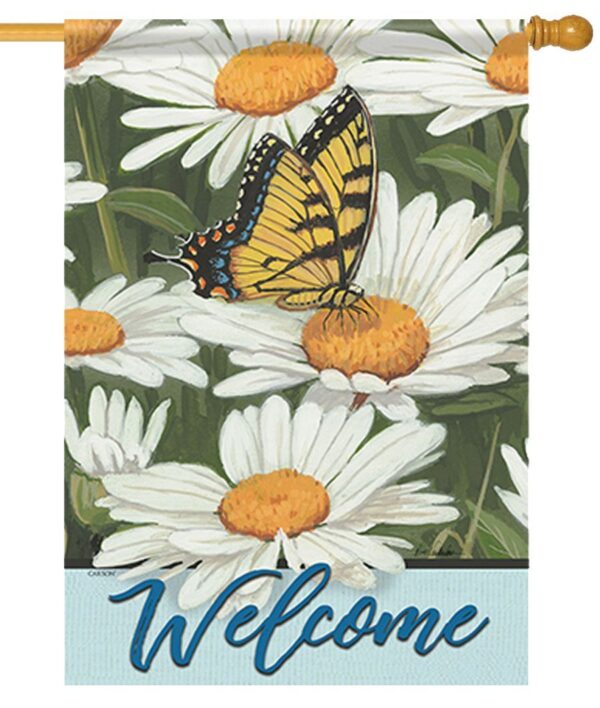 Butterfly and Daisies Welcome House Flag