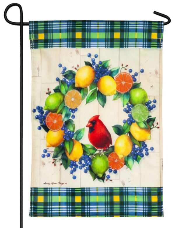 Cardinal Citrus Wreath Decorative Strié Fabric Garden Flag
