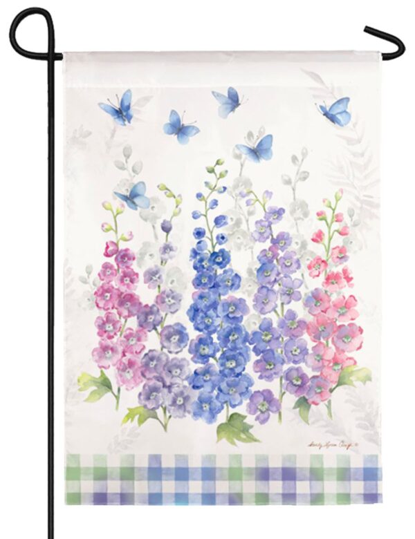 Delphinium and Butterflies Suede Reflections Garden Flag