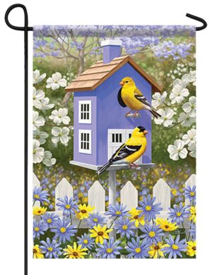 Goldfinch Birdhouse and Daisies Garden Flag