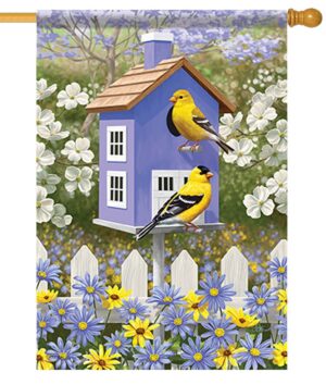 Goldfinch Birdhouse and Daisies House Flag