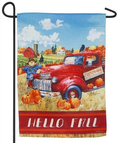 Hello Fall Red Truck Suede Reflections Garden Flag