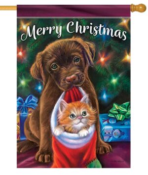 Merry Christmas Puppy and Kitten House Flag
