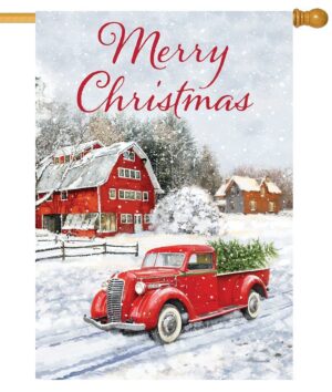 Merry Christmas Red Pickup Truck House Flag