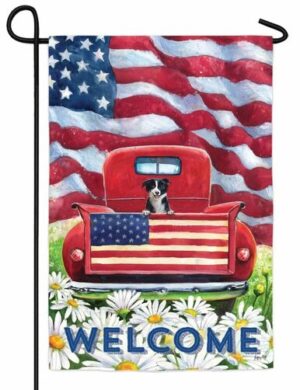 Patriotic Pickup Puppy Suede Reflections Garden Flag