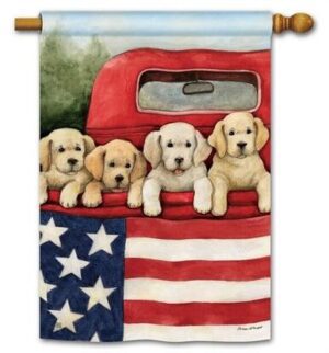 Patriotic Puppies Red Truck House Flag