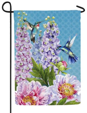 Peonies and Hummingbirds Suede Reflections Garden Flag