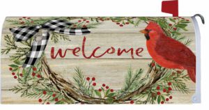 Plaid Bow Cardinal Wreath Mailbox Cover
