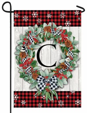 Plaid Christmas Wreath Monogram Letter C Garden Flag