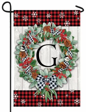 Plaid Christmas Wreath Monogram Letter G Garden Flag