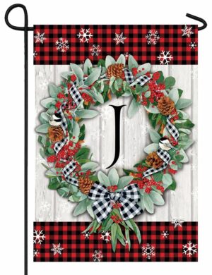 Plaid Christmas Wreath Monogram Letter J Garden Flag