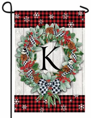 Plaid Christmas Wreath Monogram Letter K Garden Flag