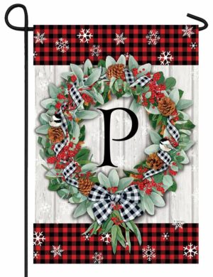 Plaid Christmas Wreath Monogram Letter P Garden Flag