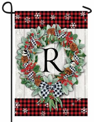 Plaid Christmas Wreath Monogram Letter R Garden Flag