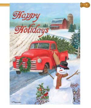 Red Pickup Truck Happy Holidays House Flag