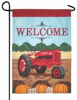 Red Tractor and Pumpkins Double Applique Garden Flag