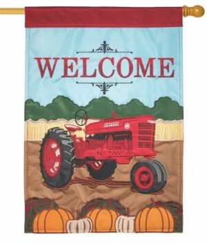 Red Tractor and Pumpkins Double Applique House Flag