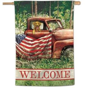 Rustic Patriotic Truck and Pup House Flag