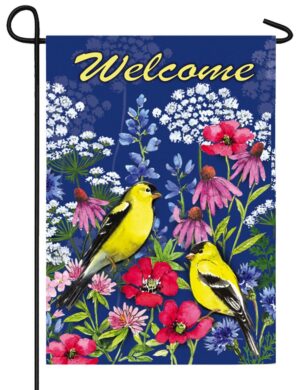Welcome Wildflowers and Finches Suede Reflections Garden Flag