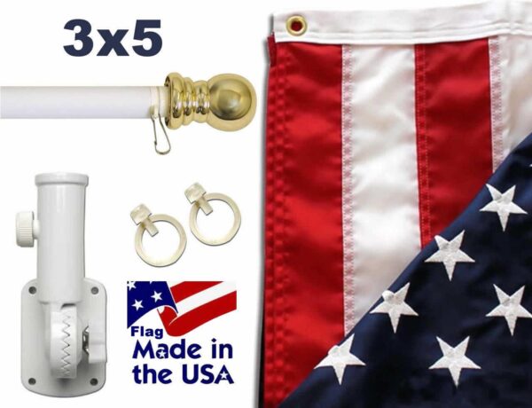 White 6ft Spinning Pole and USA Flag Kit with Embroidered Stars