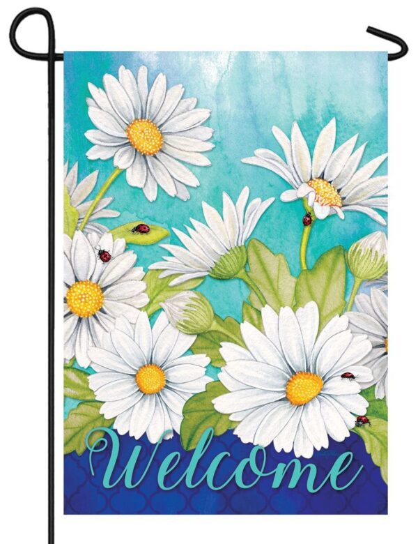 Linen Welcome Wildflowers Applique Garden BannerWhite Daisies and Ladybugs Garden Flag