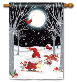 Winter Forest Night Gnomes House Flag
