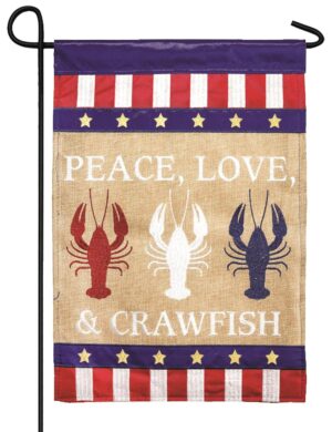 Burlap Peace Love Crawfish Double Applique Garden Flag