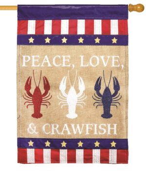 Burlap Peace Love Crawfish Double Applique House Flag