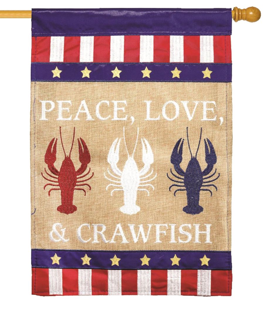 Burlap Peace Love Crawfish Double Applique House Flag - I AmEricas Flags