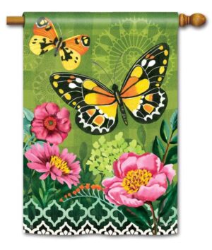 Butterflies with Pink Flowers House Flag