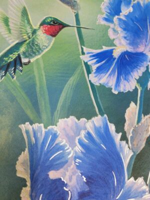 Blue Iris Hummingbird Foil Garden Flag Detail