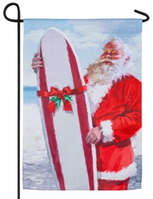 Santa with his Surfboard Suede Reflections Garden Flag