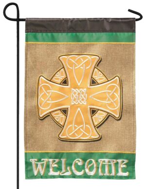 Burlap Welcome Celtic Cross Double Applique Garden Flag