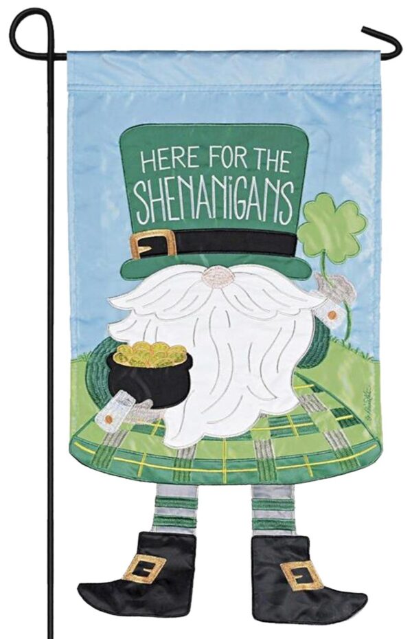 Crazy Legs Gnome Here for the Shenanigans Double Applique Garden Flag
