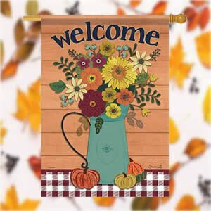 Pumpkin Floral and Fall Leaves House Flags