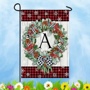 Plaid Christmas Wreath Monogram Garden Flags
